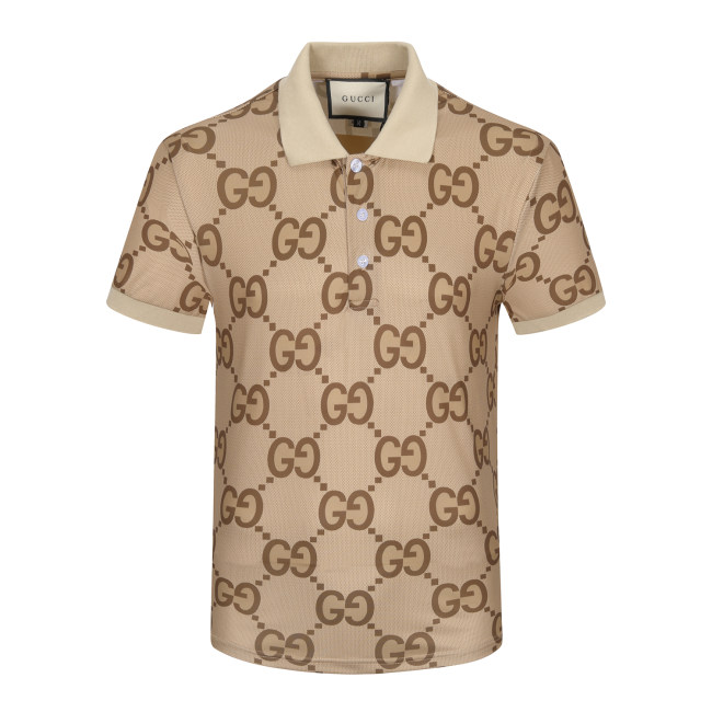 Spring Summer Men's GG Print Logo Short Sleeve Polo Shirt Khaki 26018