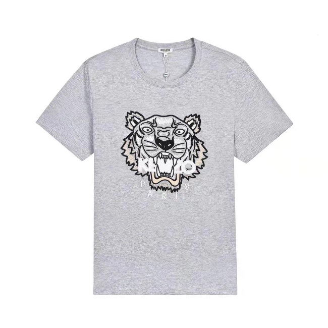 Tiger Head Logo Embroidery Cotton T-shirt Grey