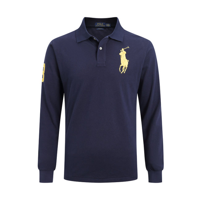 5A Mens Custom Slim Fit Big Pony Long Sleeve Lapel Polo Shirt Blue