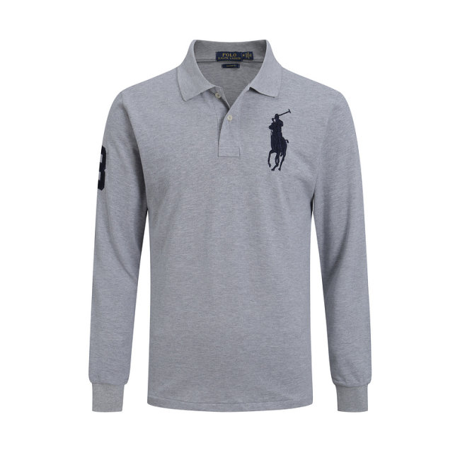 5A Mens Custom Slim Fit Big Pony Long Sleeve Lapel Polo Shirt Grey