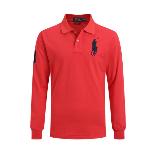 5A Mens Custom Slim Fit Big Pony Long Sleeve Lapel Polo Shirt Red