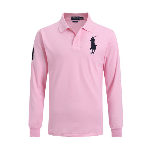 5A Mens Custom Slim Fit Big Pony Long Sleeve Lapel Polo Shirt Pink