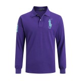 5A Mens Custom Slim Fit Big Pony Long Sleeve Lapel Polo Shirt Purple