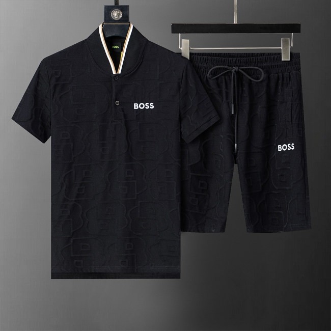 5A Spring Summer Men's Jacquard Logo Short Sleeve Polo Shirt Shorts Set Black 6575#