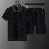 5A Spring Summer Men's Flocking Printed Logo Short Sleeve Polo Shirt Shorts Set Black 6571#