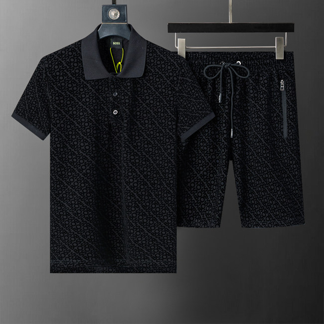 5A Spring Summer Men's Flocking Printed Logo Short Sleeve Polo Shirt Shorts Set Black 6571#