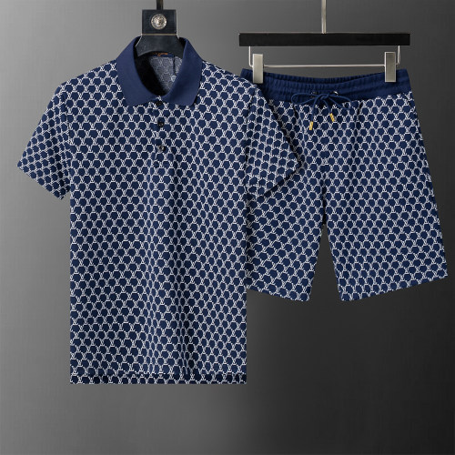 5A Spring Summer Men's Jacquard Logo Short Sleeve Polo Shirt Shorts Set Blue 6577#