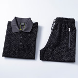 5A Spring Summer Men's Flocking Printed Logo Short Sleeve Polo Shirt Shorts Set Black 6571#