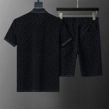 5A Spring Summer Men's Flocking Printed Logo Short Sleeve Polo Shirt Shorts Set Black 6571#