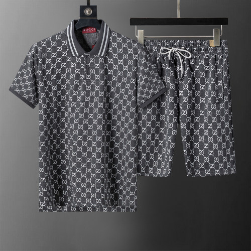5A Spring Summer Men's GG Jacquard Logo Short Sleeve Polo Shirt Shorts Set Dark Grey 6547#