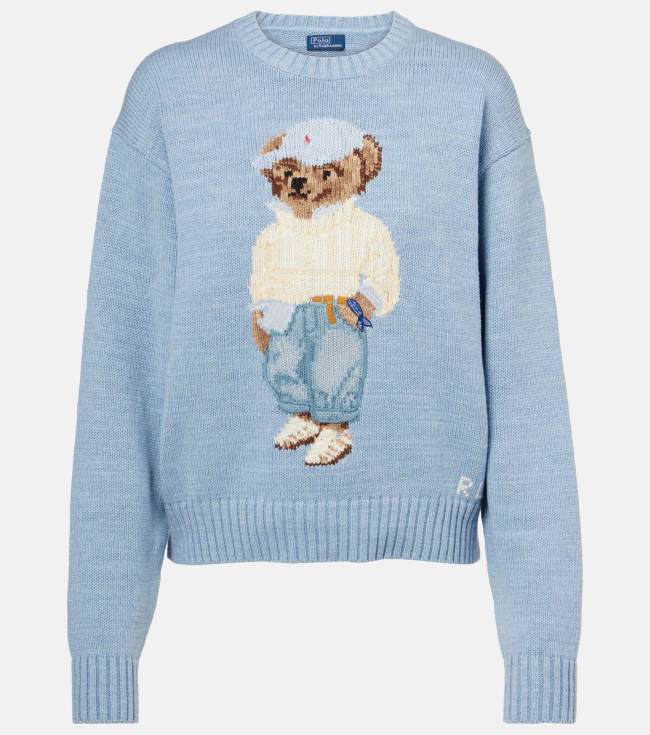 100% Cotton Oversized Soft Crewneck Warm Pullover Sweater Polo Embroidery Bear Loose Fit Jumper