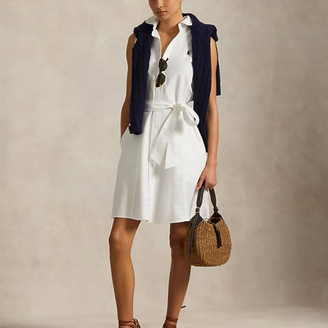 5A Women Oxford Belted Sleeveless Shirtdress
