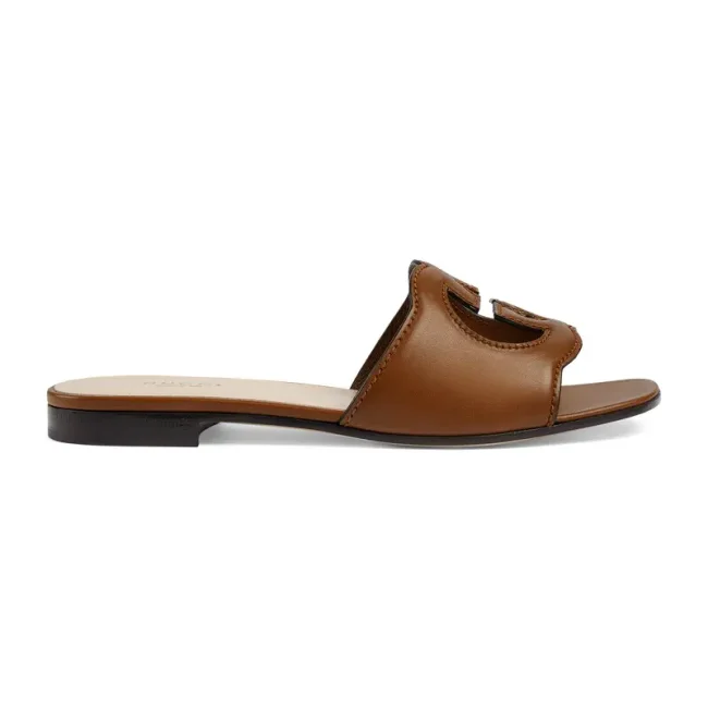 Original Women's Slides Black Leather with Interlocking G Detail & Canvas Trim