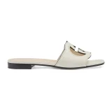 Original  Women's Slides Black Leather with Interlocking G Detail & Canvas Trim