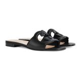 Original  Women's Slides Black Leather with Interlocking G Detail & Canvas Trim