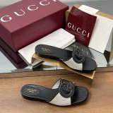 Women's Slides Black Leather with Interlocking G Detail & Canvas Trim