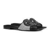 Women's Slides Black Leather with Interlocking G Detail & Canvas Trim