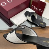 Women's Slides Black Leather with Interlocking G Detail & Canvas Trim