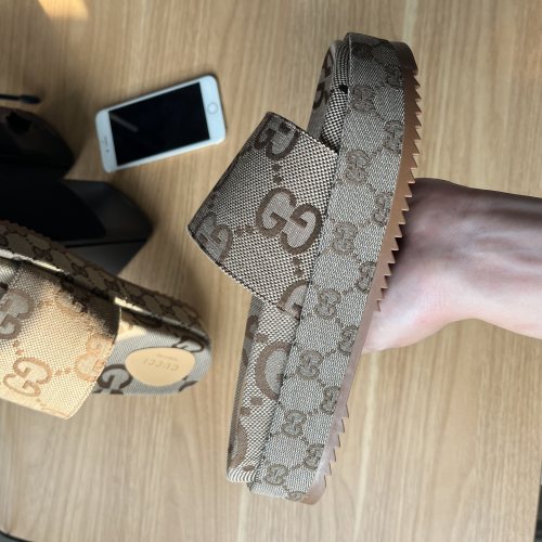 GG Angelina Platform 55mm Embroidery  Slippers Khaki