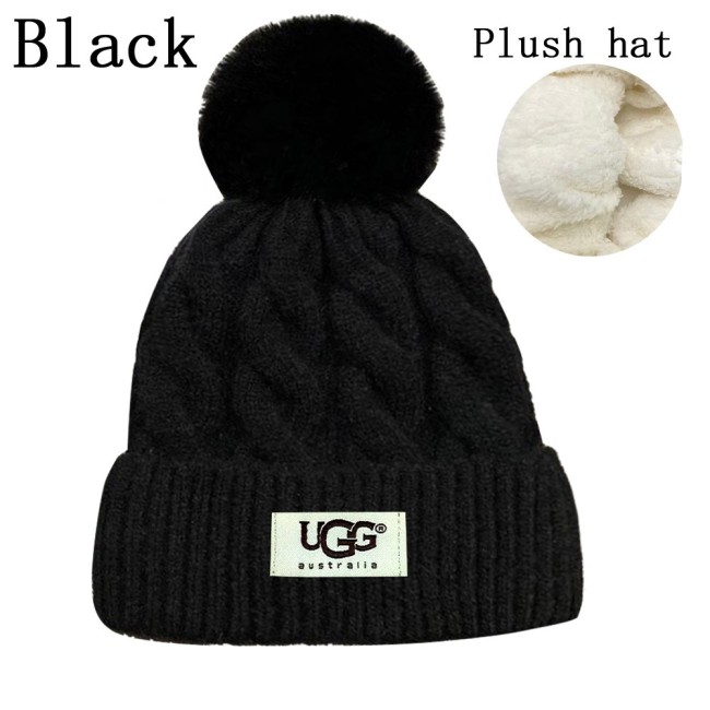 5A Women's Winter Ribbed Fur Pom Knit Cap Plush Hat