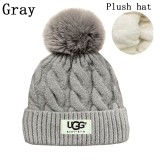 5A Women's Winter Ribbed Fur Pom Knit Cap Plush Hat