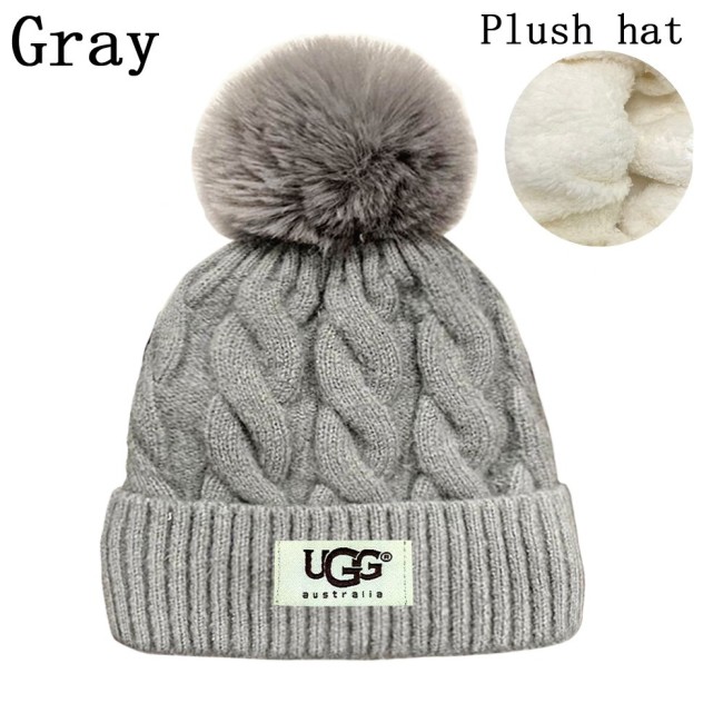 5A Women's Winter Ribbed Fur Pom Knit Cap Plush Hat