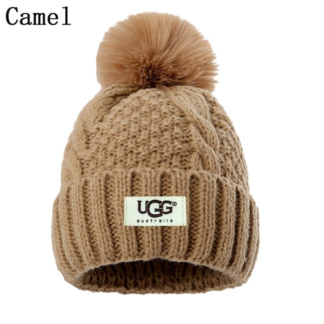 5A Women's Winter Ribbed Fur Pom Knit Cap Plush Hat