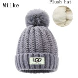 5A Women's Winter Ribbed Fur Pom Knit Cap Plush Hat
