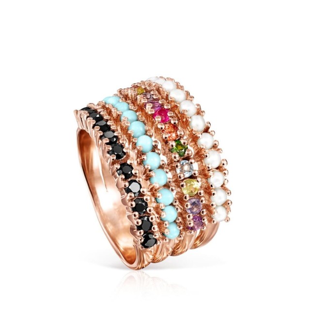 Original Straight Ring in Rose Silver Vermeil With Multicolor Gemstones