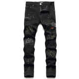 5A Slim Fit Stretch Jeans Men's Ripped Rivet Jeans Black