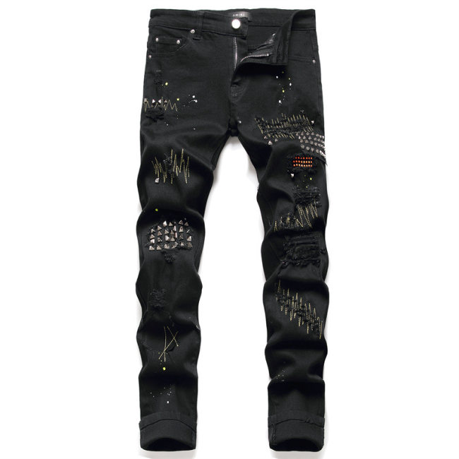 5A Slim Fit Stretch Jeans Men's Ripped Rivet Jeans Black