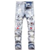 5A Slim Fit Stretch Jeans Ripped Versatile Men's Trousers Light Blue
