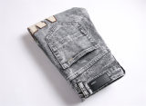 5A Slim Fit Stretch Jeans Ripped Patch Embroidered Men's Pants Washed Grey