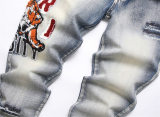 5A Slim Fit Stretch Jeans Vintage Ripped Embroidered Men's Pants Blue