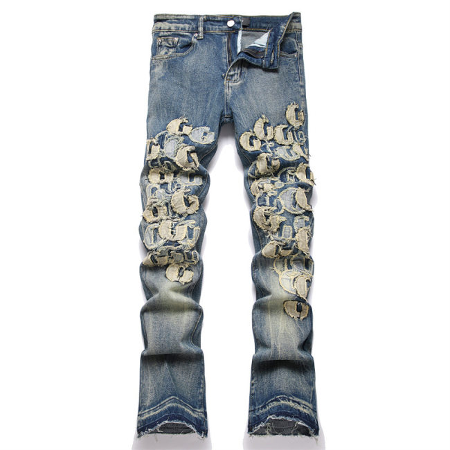 5A Stretch Denim Flare Jeans Men's Trousers Washed Blue