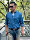 5A Unisex Slim-Fit Classic Button-Down Collar Washed-Denim Shirt 2244
