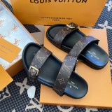 5A Bom Dia Monogram Slide Sandals – Brown Canvas with Gold Buckle