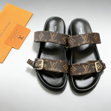 5A Bom Dia Monogram Slide Sandals – Brown Canvas with Gold Buckle
