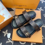 5A Bom Dia Monogram Slide Sandals – Brown Canvas with Gold Buckle