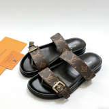 5A Bom Dia Monogram Slide Sandals – Brown Canvas with Gold Buckle