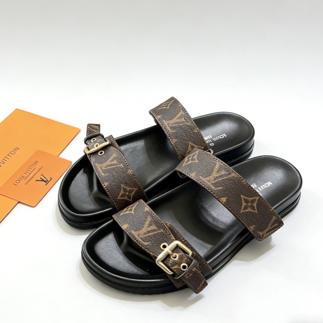 5A Bom Dia Monogram Slide Sandals – Brown Canvas with Gold Buckle