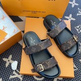 5A Bom Dia Monogram Slide Sandals – Brown Canvas with Gold Buckle