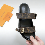 5A Bom Dia Monogram Slide Sandals – Brown Canvas with Gold Buckle