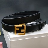 FF Logo Slim Leather Belt Black Gold Buckle 25mm