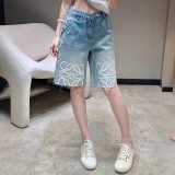 5A Women Anagram Embroidered Denim Shorts Straight-Leg Jean Shorts