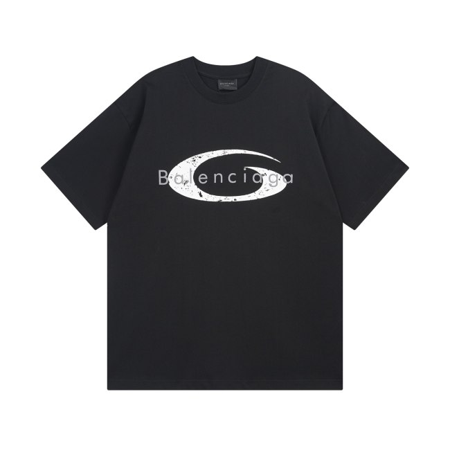 Original Single Ring Logo T-Shirt Black Crackle Print Oversized Tee with Distressed Oval Graphic