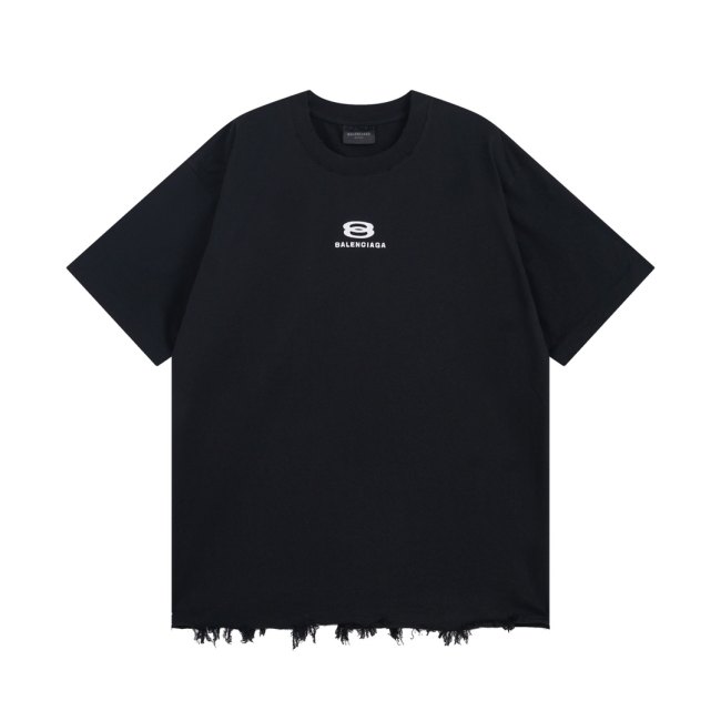 Original 3B Logo Distressed Hem T-Shirt Black Cotton Tee with Raw Edge Detail