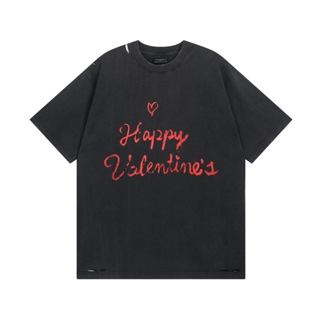 Original Happy Valentine's T-Shirt Washed Black Distressed Cotton Tee
