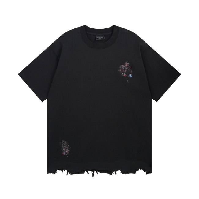 Original Black Distressed T-Shirt Cotton Tee with Raw Hem