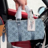 Original Keepall Bandoulière 25 Denim Blue Monogram Embossed Canvas Travel Bag